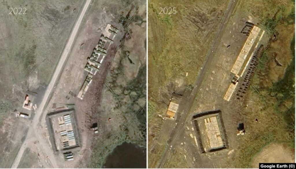 Сравнение количества транспортных средств и укреплений для хранения ракет вблизи базы Рогачево, снятые в июле 2022 года, и в августе 2025 года / Google Earth / Радио Свобода